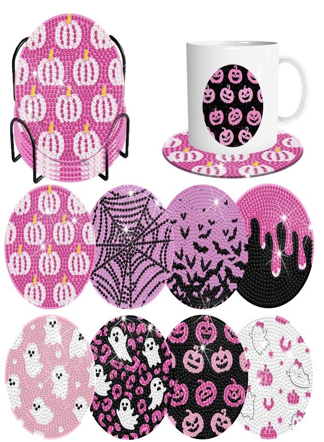 Denylo pro 8 Pcs Halloween Diamond Art Painting Coasters Kits with Holder DIY Pink Halloween Diamond Art Coaster for Adults - Image 1